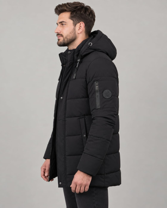 Geaca barbati matlasata neagra, cu gluga detasabila, buzunare fermoar, 7187 negru [4]