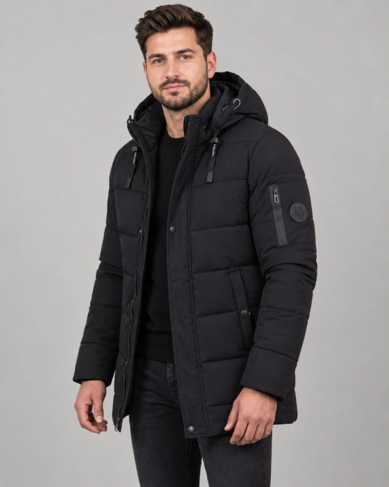 Geaca barbati matlasata neagra, cu gluga detasabila, buzunare fermoar, 7187 negru [3]