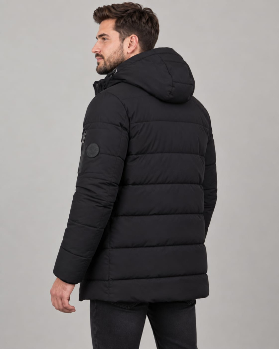 Geaca barbati matlasata neagra, cu gluga detasabila, buzunare fermoar, 7187 negru [2]