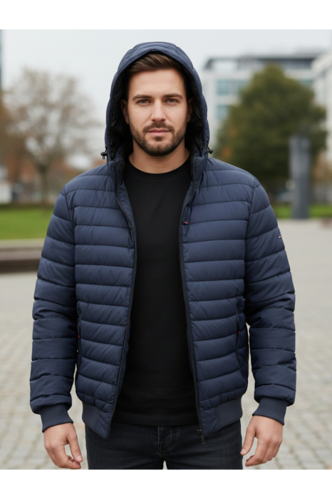 Geaca Matlasata pentru Barbati , cu gluga detasabila, buzunare cu fermoar bleumarin 88915 [4]