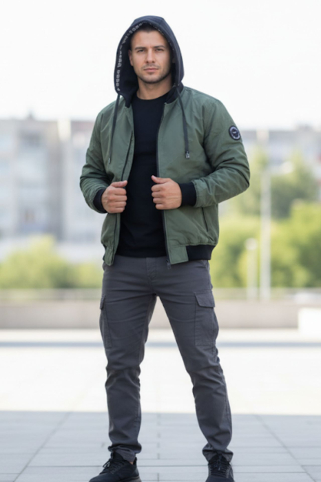 Geaca pentru Barbati marime mare impermeabila, cu gluga detasabila, buzunare, cu fermoar, kaki 8403 [3]