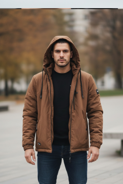 Geaca pentru Barbati  impermeabila, cu gluga detasabila, buzunare, cu fermoar, maro 8408-3 [4]