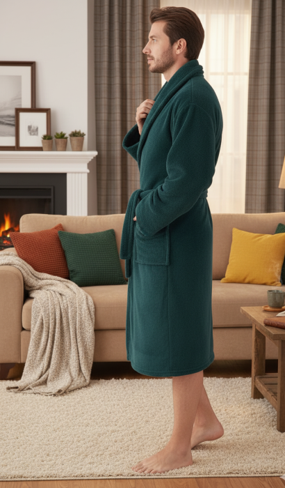 Halat barbat cocolino, material moale si pufos, cu buzunare, verde inchis [2]