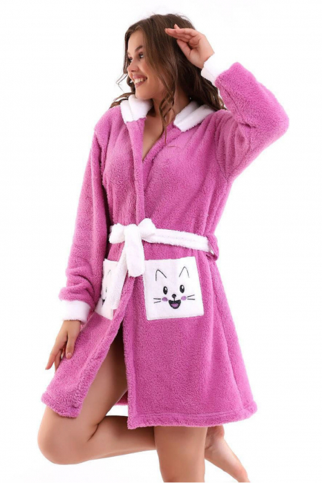 Halat cocolino de casa dama, pufos, cu gluga, imprimeu Pisicuta, roz [2]