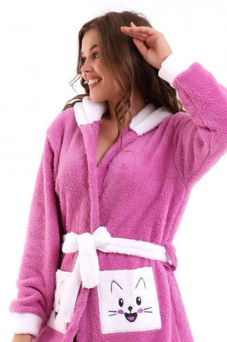 Halat cocolino de casa dama, pufos, cu gluga, imprimeu Pisicuta, roz [5]