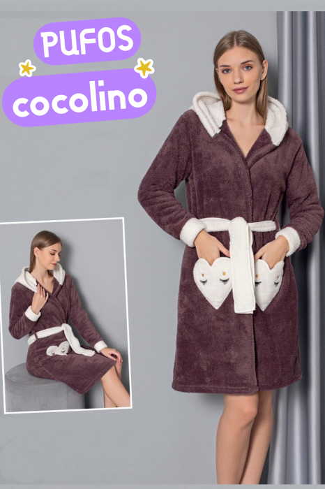 Halat cocolino de casa dama, pufos, cu gluga, imprimeu inimioara, maro, embody.ro [2]