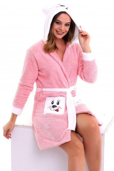 Halat cocolino de casa dama, pufos, cu gluga, roz deschis [2]