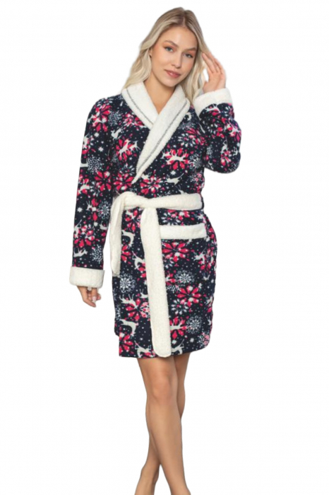 Halat cocolino de casa dama, pufos si calduros, imprimeu Craciun, multicolor [3]