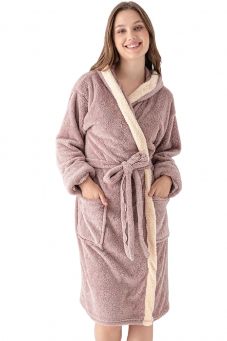 Halat dama lung cocolino, pufos, cu gluga si buzunare, maro [3]