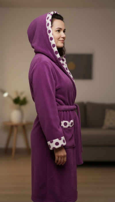 Halat dama cu gluga, cocolino soft-polar, pufos, cu cordon, mov [3]