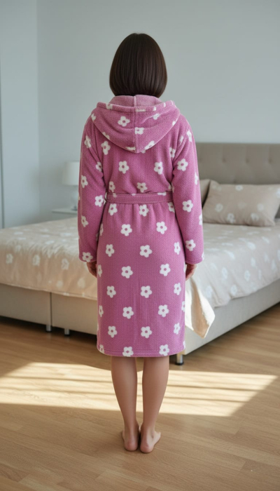 Halat dama cu gluga, cocolino soft-polar, pufos, cu cordon, floricele roz [3]