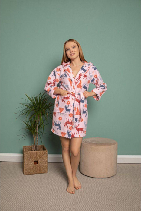 Halat dama de casa, cocolino soft-polar, pufos, imprimeu reni Craciun, roz embody [2]