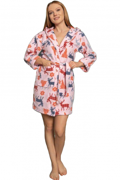 Halat dama de casa, cocolino soft-polar, pufos, imprimeu reni Craciun, roz embody [3]