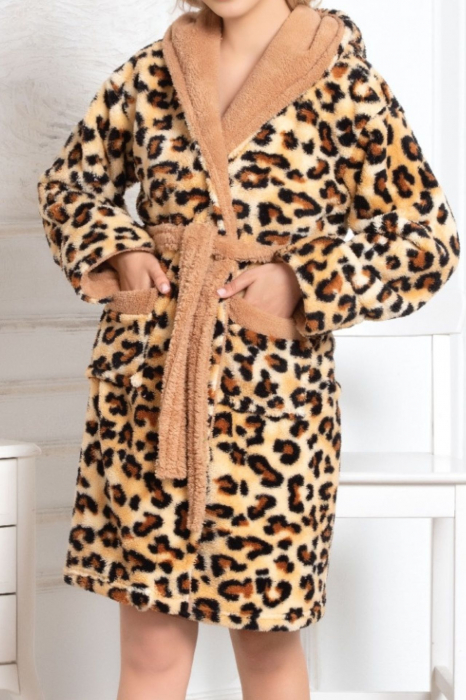 Halat dama animal print, cocolino soft-polar, pufos, cu cordon, maro 212 embody [2]
