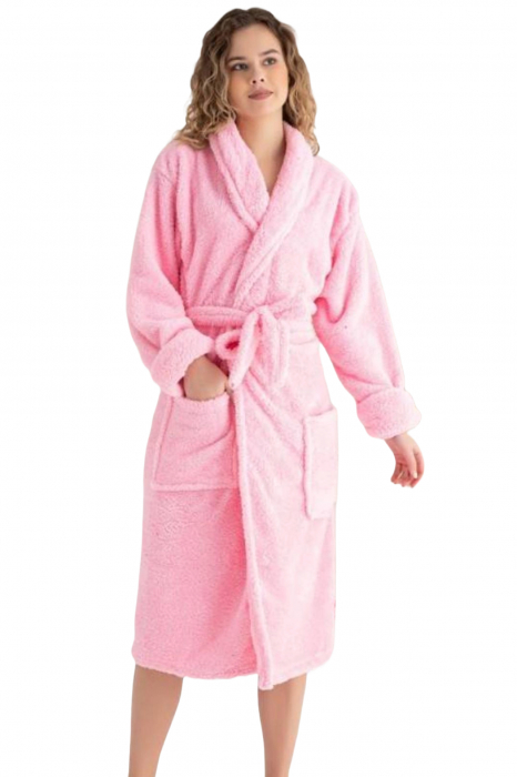 Halat dama lung cocolino, pufos si calduros, cu buzunare si cordon, roz embody [3]