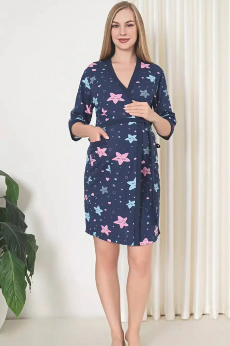 Halat de baie gravida, bumbac, cu buzunare laterale si cordon, imprimeu stars, bluemarin [5]