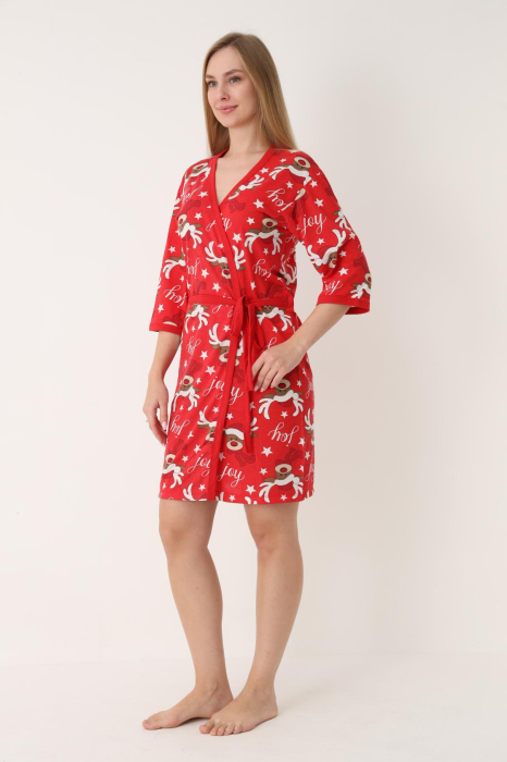 Halat de Casa Craciun Dama cu Imprimeu Ren Vesel 3/4 rosu [3]