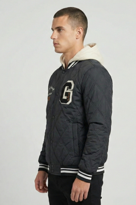 Jacheta Bomber Matlasata de Toamna-primavara cu Gluga din Material si Mansete in Dungi 62500 negru [3]