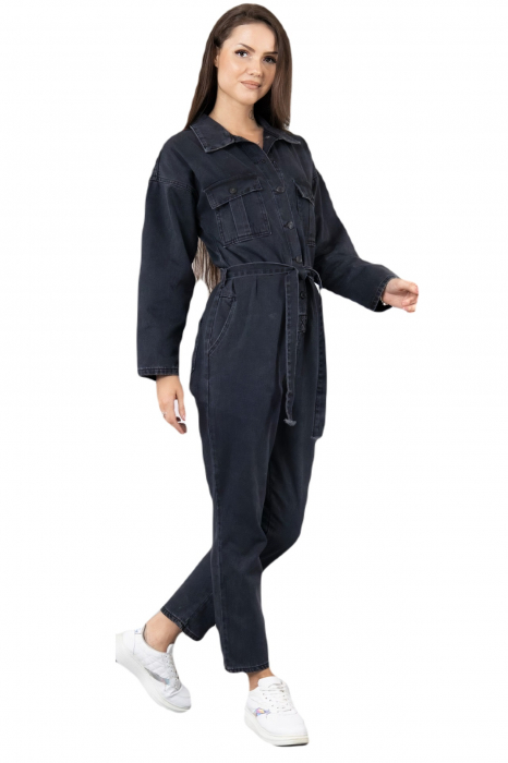 Salopeta blugi dama, maneci si blugi lungi, buzunare laterale, material Denim, Negru [2]