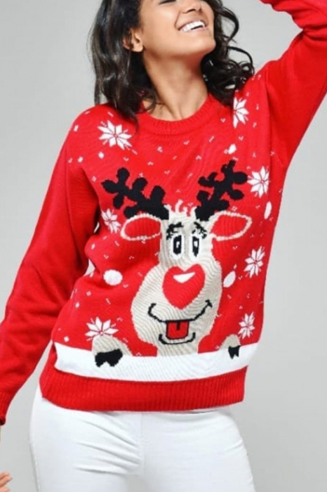 Pulover dama tricotat, imprimeu Craciun-Ren fericit, Rosu, marime Universala-cadou craciun [2]