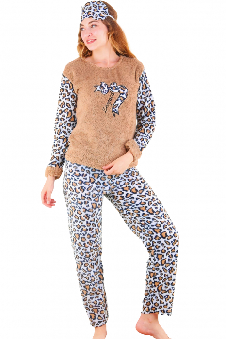 Pijama dama cocolino, pufoasa cu imprimeu Animal print Leopard, Maro [5]