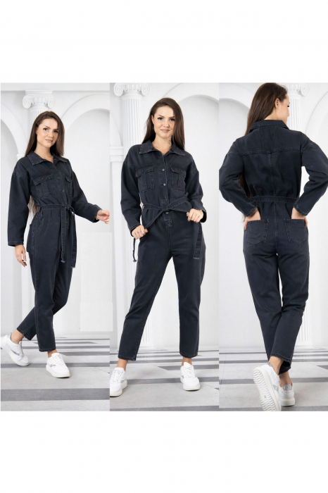 Salopeta blugi dama, maneci si blugi lungi, buzunare laterale, material Denim, Negru [4]