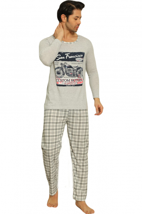 Pijama bumbac barbat, cu maneci si pantaloni lungi, model San Francisco gri [4]