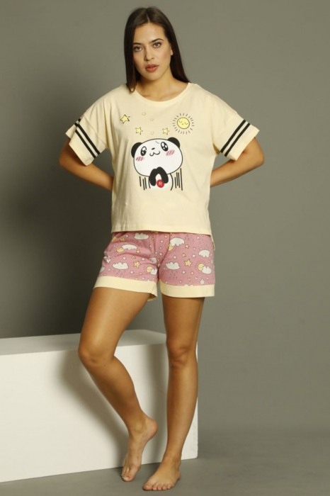 Pijama dama bumbac premium, cu maneci scurte si pantaloni scurti, Ursulet galben [2]