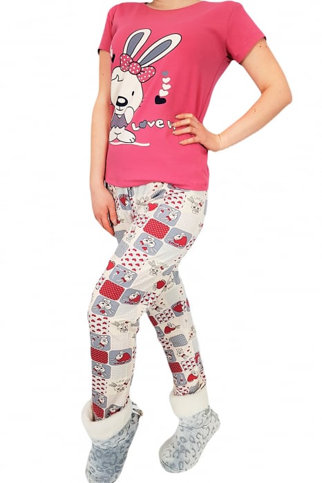 Pijama dama bumbac, confortabila, cu imprimeu Iepuras, Roz lila [2]