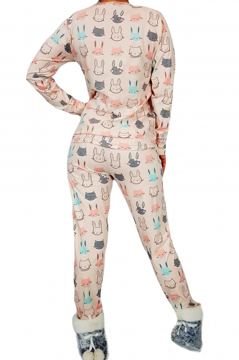 Pijama dama bumbac, confortabila, cu imprimeu Iepurasi , Bej [2]