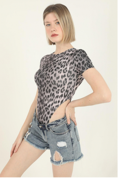 Body dama, imprimeu Animal print-Leopard, cu maneca scurta, top elastic, Gri [2]
