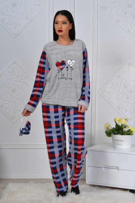 Pijama dama, cocolino pufoasa cu imprimeu Happy Day, Gri/Bleumarin [1]