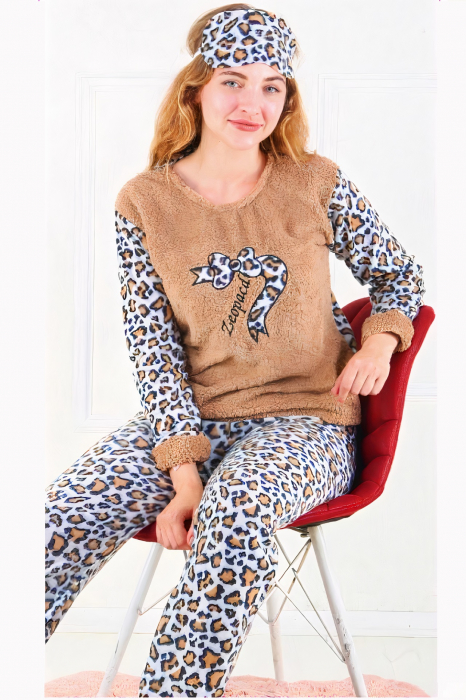 Pijama dama cocolino, pufoasa cu imprimeu Animal print Leopard, Maro [2]