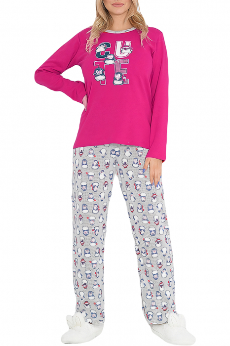 Pijama dama bumbac, confortabila, cu imprimeu Pinguini, Roz [7]