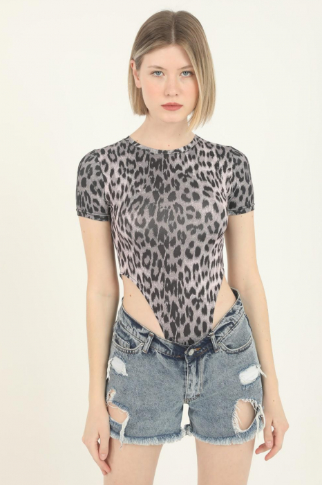 Body dama, imprimeu Animal print-Leopard, cu maneca scurta, top elastic, Gri [5]