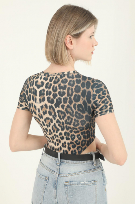 Body dama, imprimeu Animal print-Leopard, cu maneca scurta, top elastic, Maro [4]