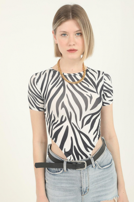 Body dama, imprimeu Animal print-Zebra, cu maneca scurta, top elastic, Alb/Negru [3]