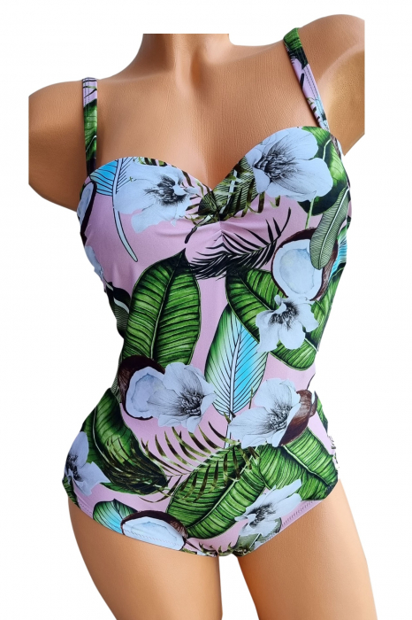 Costum de baie dama, intreg, sutien push-up, imprimeu Tropical coconut, Verde [4]
