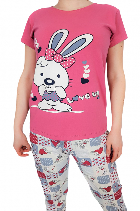 Pijama dama bumbac, confortabila, cu imprimeu Iepuras, Roz lila [4]