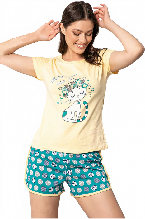 Pijama dama bumbac, confortabila, maneci scurte, imprimeu Star Cat, Galben [1]