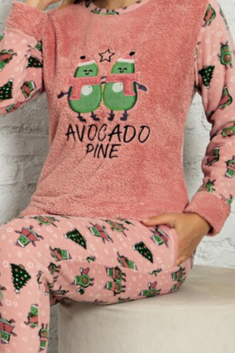 Pijama dama cocolino, pufoasa cu imprimeu Avocado, Corai [5]