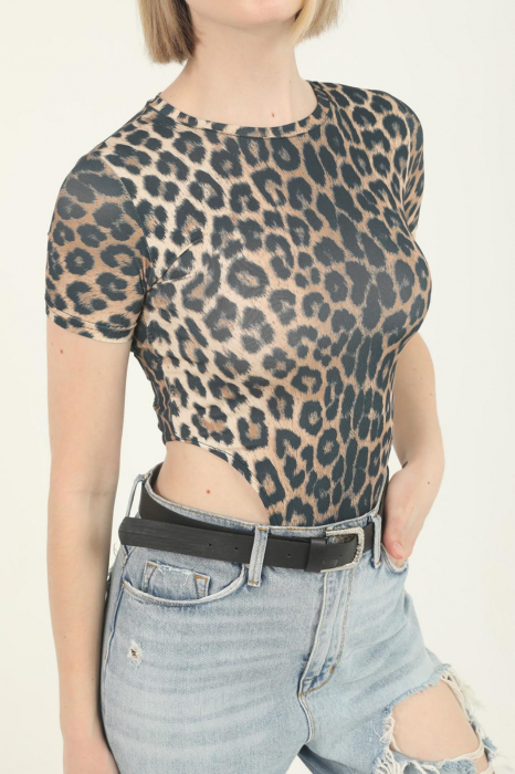 Body dama, imprimeu Animal print-Leopard, cu maneca scurta, top elastic, Maro [5]