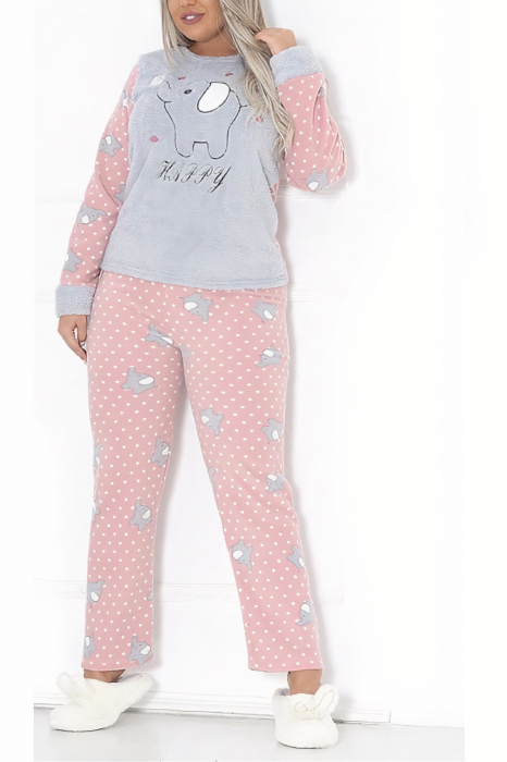 Pijama dama cocolino, pufoasa cu imprimeu Elefant, Roz/Gri [3]