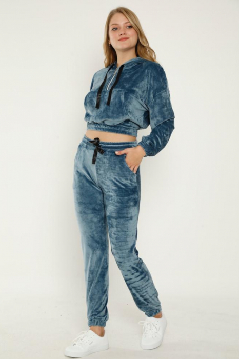 Trening dama, catifea premium, set 2 piese, buzunare laterale si gluga, Albastru [7]