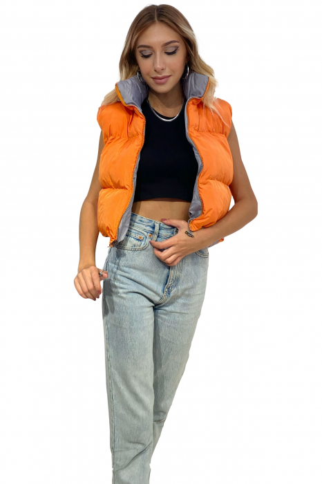 Vesta fasa dama, cu 2 fete, inchidere fermoar, guler inalt, Portocaliu/Gri, One size [5]