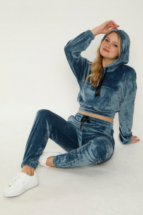 Trening dama, catifea premium, set 2 piese, buzunare laterale si gluga, Albastru [8]