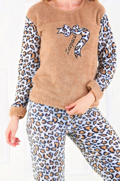 Pijama dama cocolino, pufoasa cu imprimeu Animal print Leopard, Maro [4]
