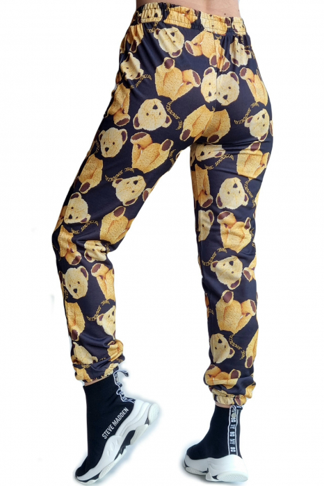 Pantaloni dama lungi, imprimeu ursulet, buzunare laterale, Negru [2]