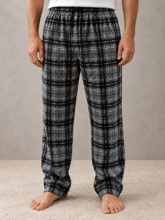 Pantaloni de Pijama Barbati din Bumbac, in Carouri Gri-Negru, cu Talie Elastica [4]