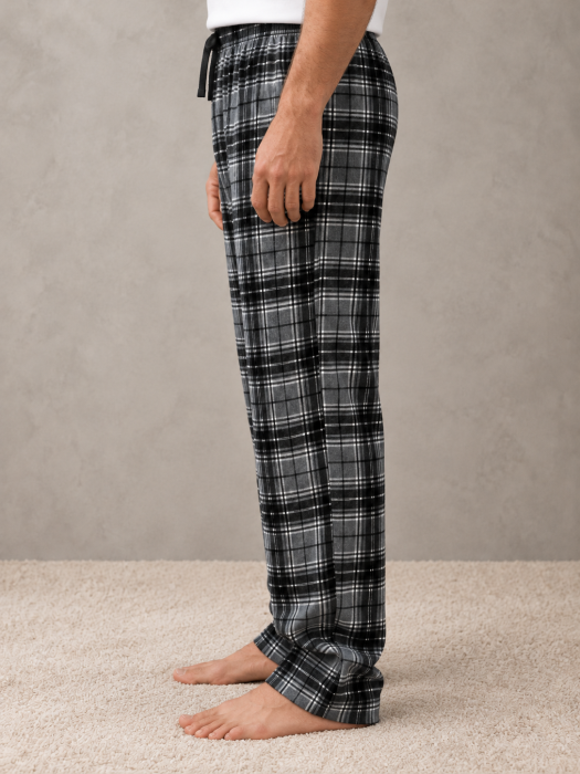 Pantaloni de Pijama Barbati din Bumbac, in Carouri Gri-Negru, cu Talie Elastica [2]